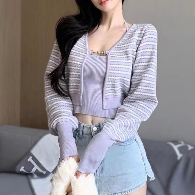 Sisyphi-Set Plain Ribbed Knit Cropped Halter Top Striped Cardigan