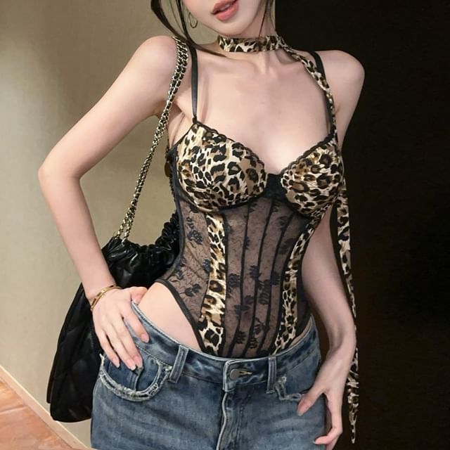 Sisyphi-Set Spaghetti Strap V-Neck Leopard Print Mesh Panel Bodysuit Top Skinny Scarf