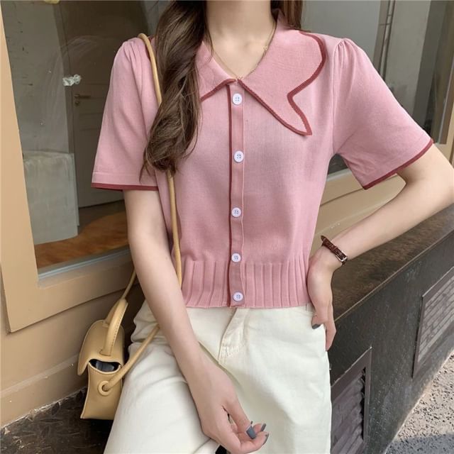 Sisyphi-Short Sleeve Collared Contrast Trim Button Knit Top