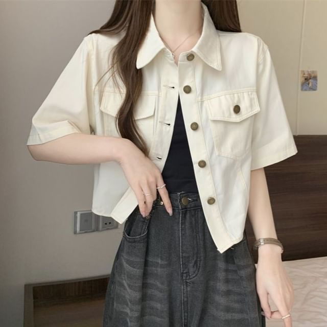 Sisyphi-Short Sleeve Collared Plain Cargo Shirt