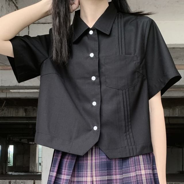 Sisyphi-Short Sleeve Collared Plain Pintuck Shirt