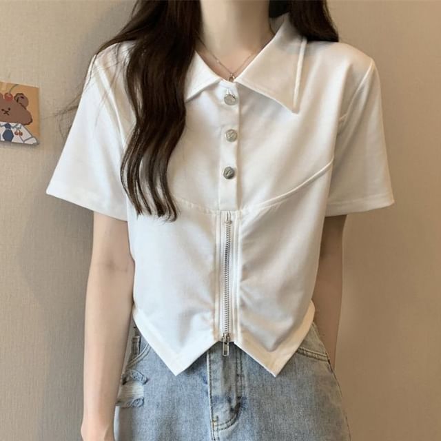 Sisyphi-Short Sleeve Collared Plain Zip Slit Panel Button Top