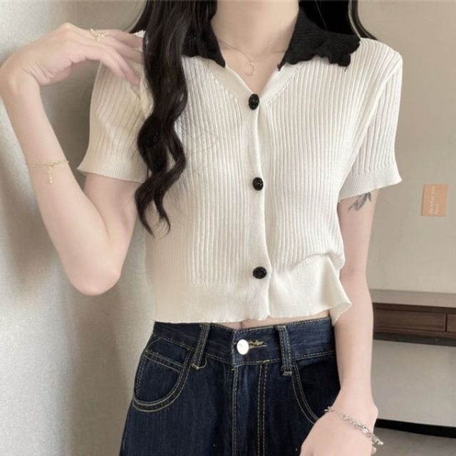 Sisyphi-Short Sleeve Contrast Collar Ribbed Cardigan