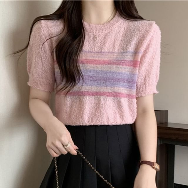 Sisyphi-Short Sleeve Crew Neck Striped Knit Top