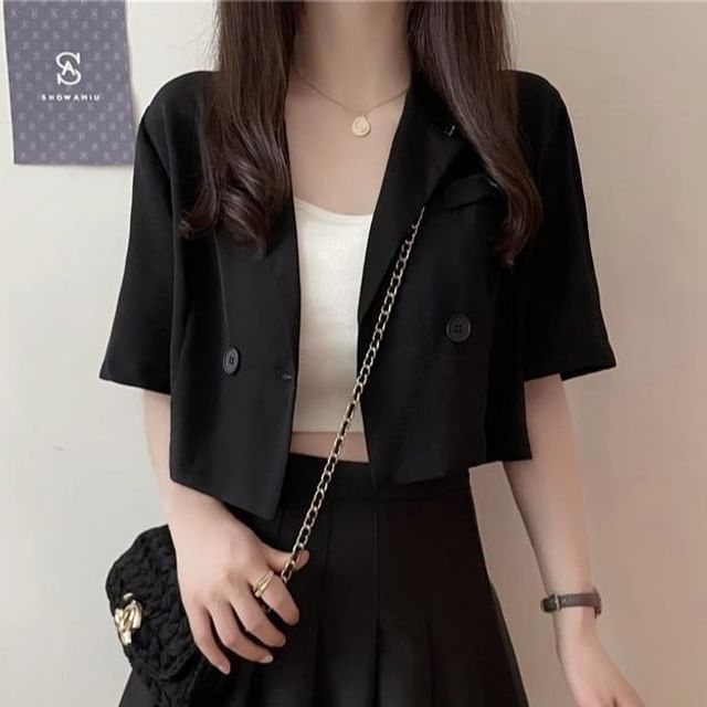 Sisyphi-Short-Sleeve Lapel Collar Plain Double Breasted Crop Blazer