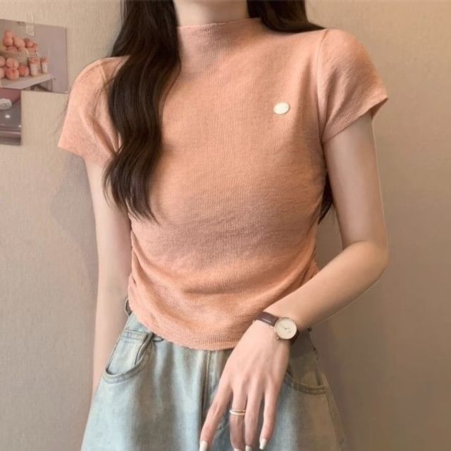 Sisyphi-Short-Sleeve Mock Neck Plain Knit Top