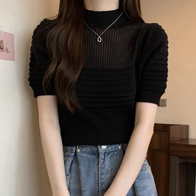 Sisyphi-Short-Sleeve Mock Neck Plain Knit Top
