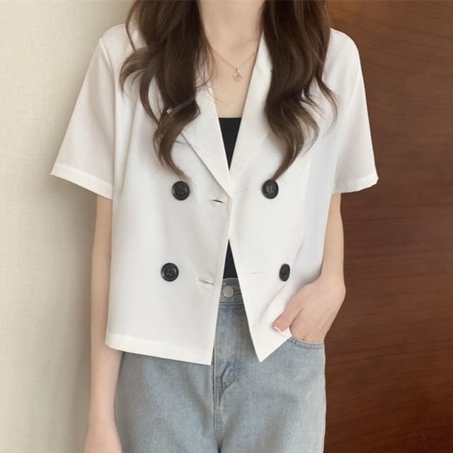 Sisyphi-Short-Sleeve Notch Lapel Plain Double-Breasted Blazer