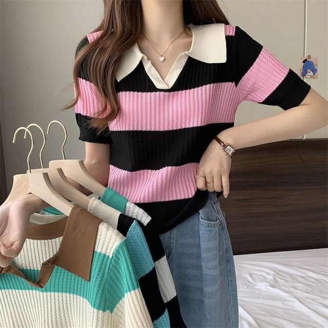 Sisyphi-Short Sleeve Open Placket Color Block Striped Ribbed Knit Polo Top