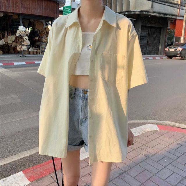 Sisyphi-Short-Sleeve Plain Button-Up Shirt