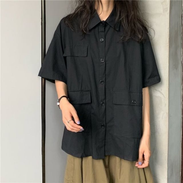 Sisyphi-Short-Sleeve Plain Button-Up Shirt