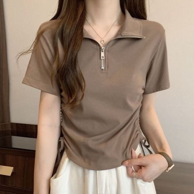 Sisyphi-Short Sleeve Plain Drawstring Half Zip Top