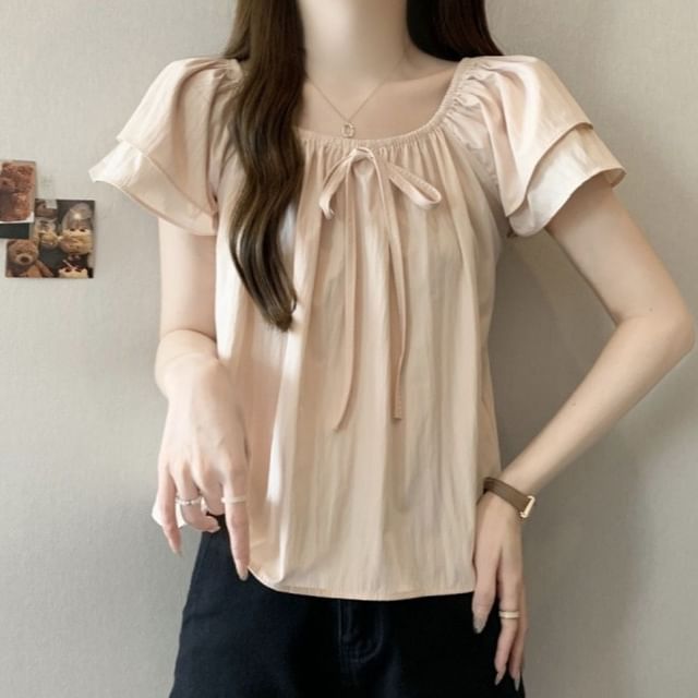 Sisyphi-Short-Sleeve Plain Drawstring Shirred Blouse