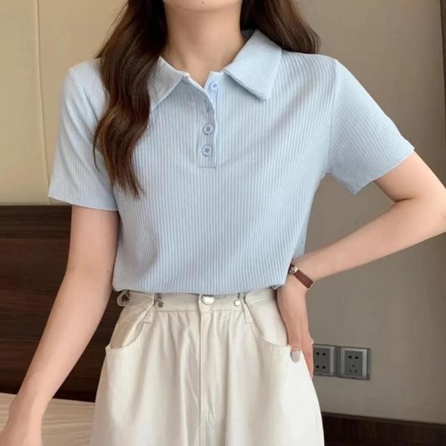 Sisyphi-Short-Sleeve Plain Ribbed Polo Shirt