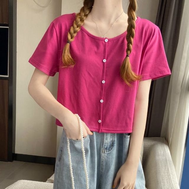 Sisyphi-Short Sleeve Round Neck Plain Button Tee