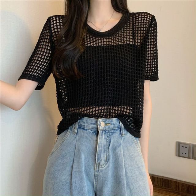 Sisyphi-Short Sleeve Round Neck Plain Knit Top