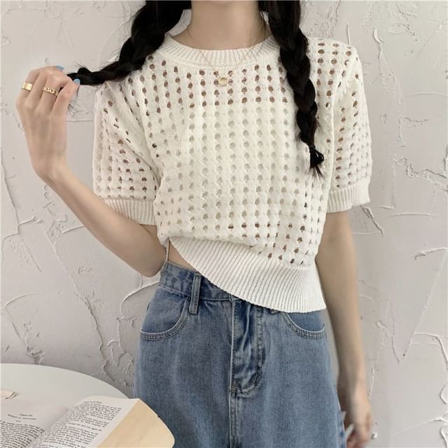 Sisyphi-Short Sleeve Round Neck Plain Knit Top