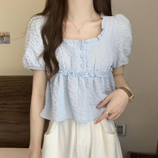 Sisyphi-Short-Sleeve Scoop Neck Plain Textured Top