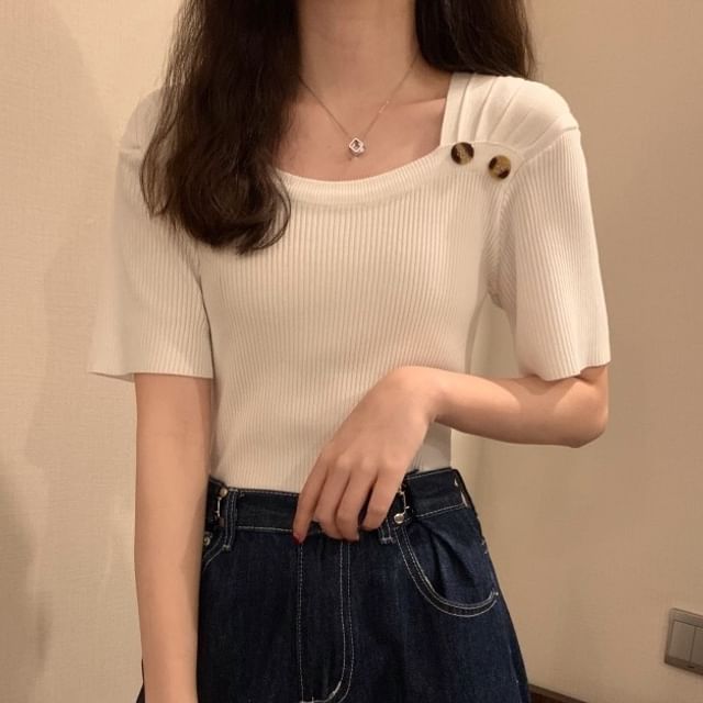 Sisyphi-Short Sleeve Square Neck Plain Double Breasted Ribbed Knit Top