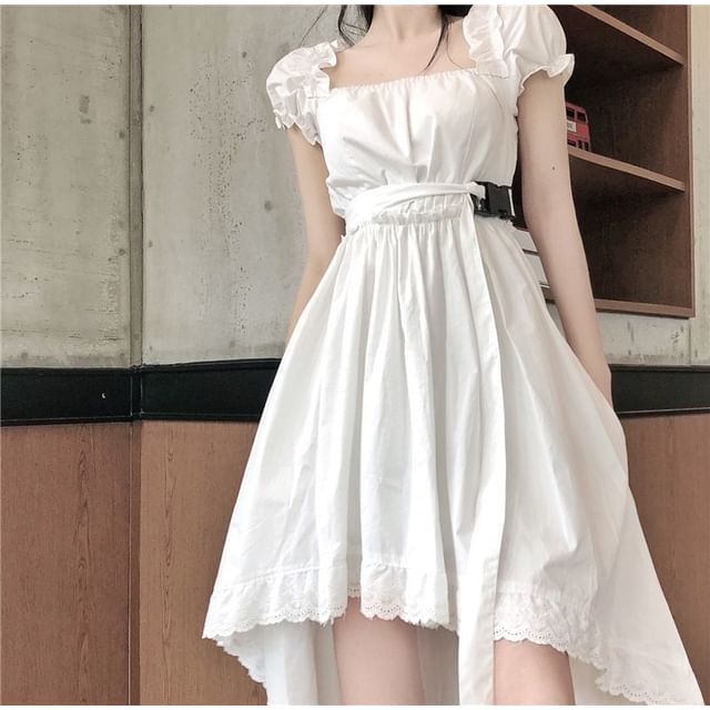 Sisyphi-Short-Sleeve Square Neck Plain High Low Dress