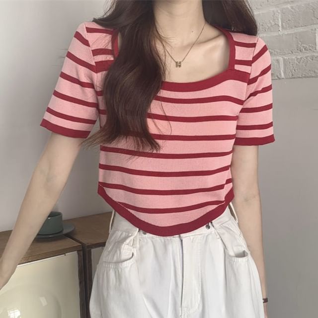 Sisyphi-Short Sleeve Square Neck Striped Knit Top