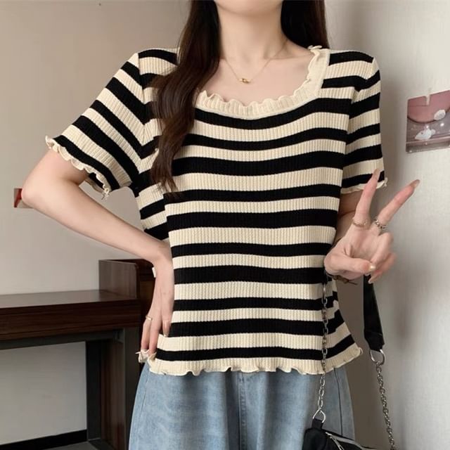 Sisyphi-Short Sleeve Square Neck Striped Ruffle Trim Tee