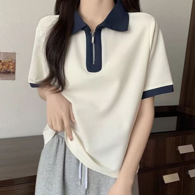 Sisyphi-Short Sleeve Two Tone Half Zip Polo Shirt
