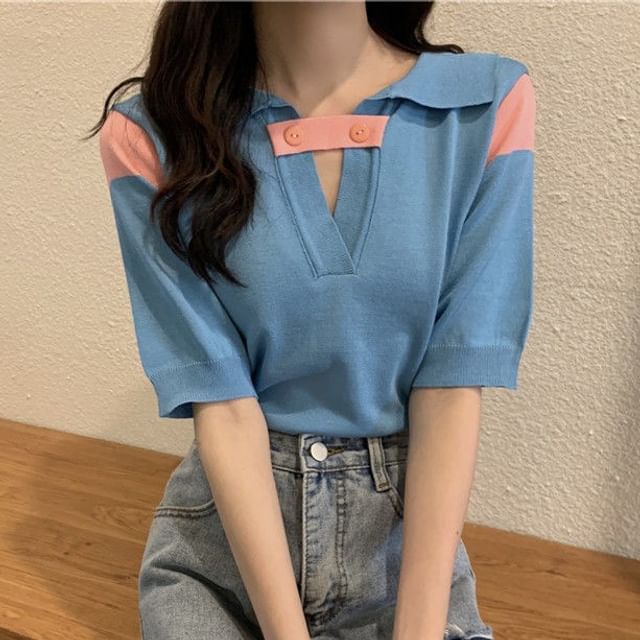 Sisyphi-Short Sleeve Two Tone Panel Knit Polo Top