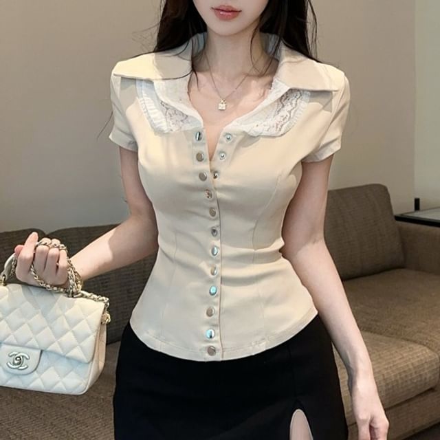 Sisyphi-Short-Sleeve V-Neck Collared Lace Panel Button-Up Blouse