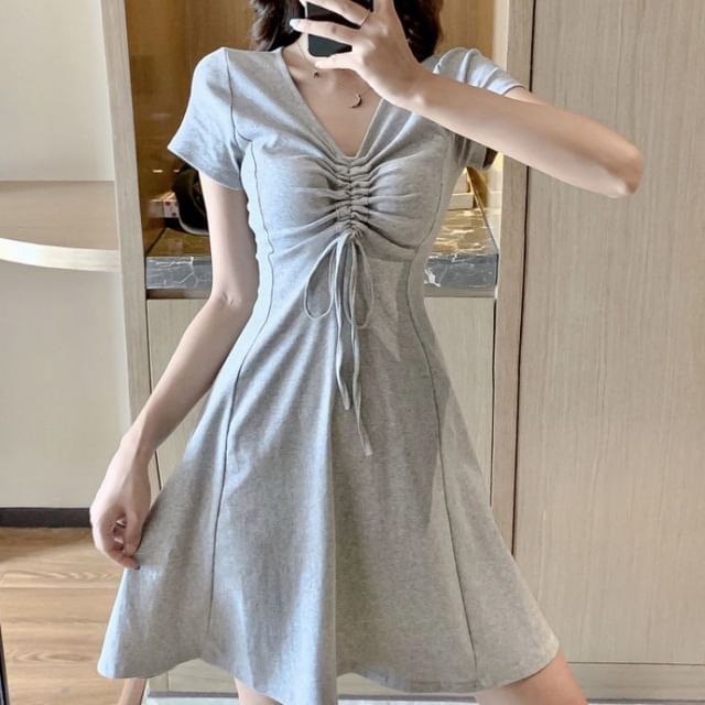 Sisyphi-Short-Sleeve V-Neck Plain Drawstring Mini A-Line Dress
