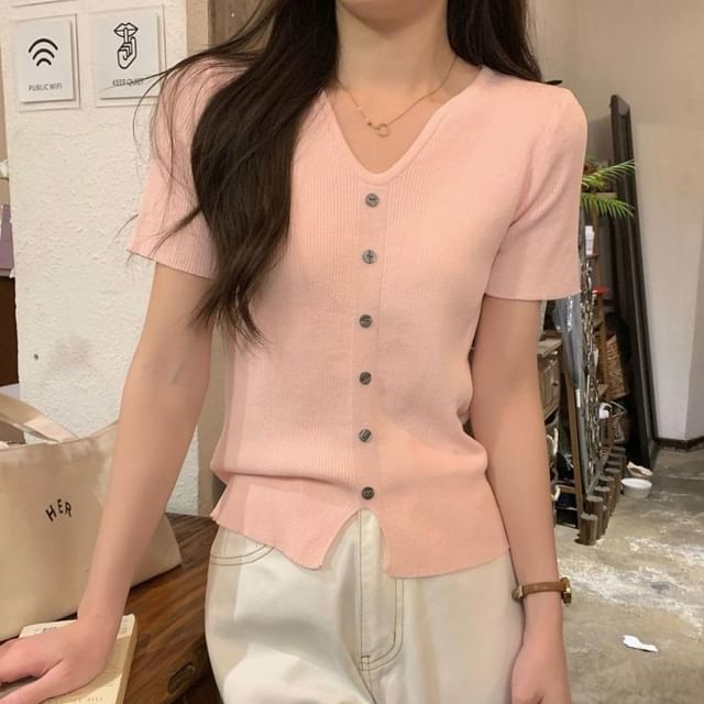 Sisyphi-Short Sleeve V-Neck Plain Knit Top