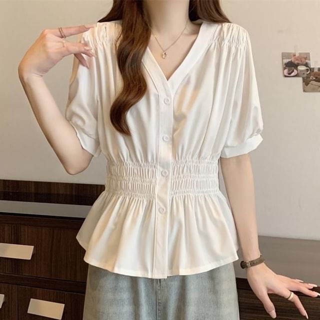 Sisyphi-Short-Sleeve V-Neck Plain Ruffle Trim Button Up Blouse