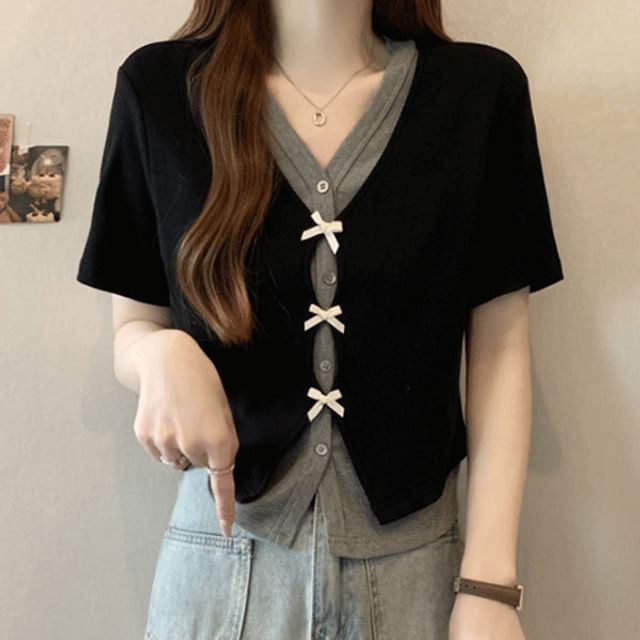 Sisyphi-Short-Sleeve V-Neck Two Tone Button-Up Top