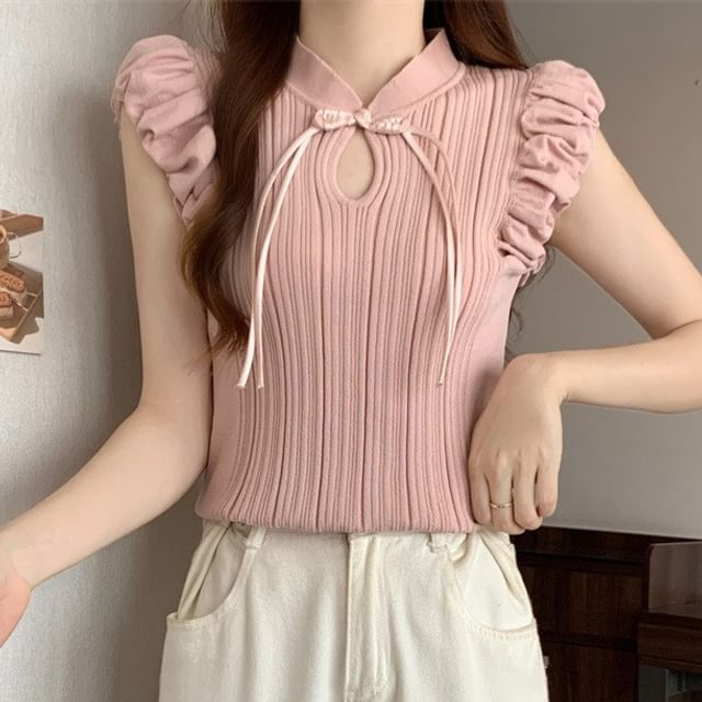 Sisyphi-Sleeveless Keyhole Neck Plain Ribbed Knit Top