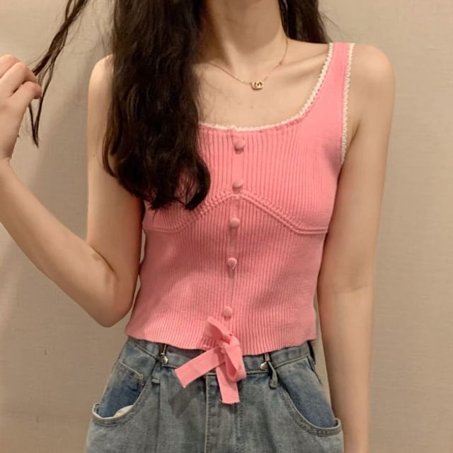 Sisyphi-Sleeveless Square Neck Plain Ribbed Knit Top