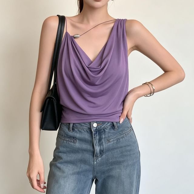 Sisyphi-Sleeveless V-Neck Asymmetrical Plain Crop Top