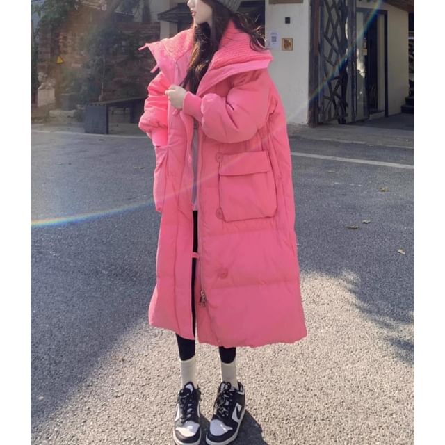 Sisyphi-Stand Collar Fleece Panel Zip-Up Plain Long Puffer Coat