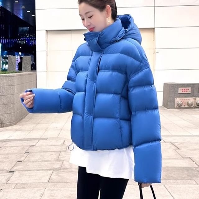 Sisyphi-Stand Collar Hooded Button-Up Plain Puffer Jacket