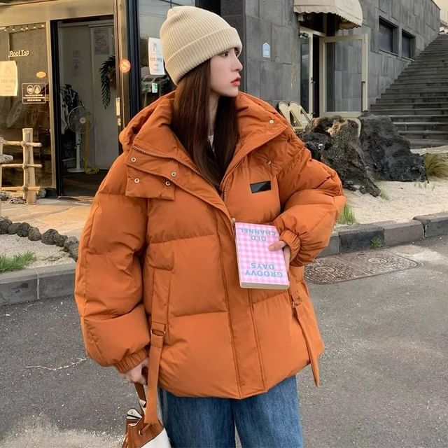 Sisyphi-Stand Collar Hooded Zip-Up Plain Puffer Jacket