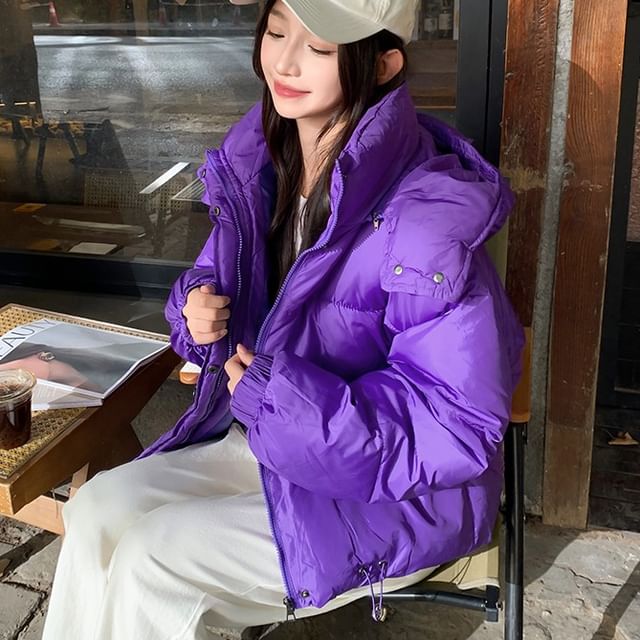 Sisyphi-Stand Collar Hooded Zip-Up Plain Puffer Jacket