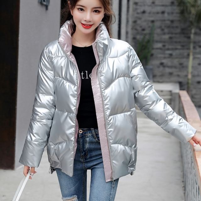 Sisyphi-Stand Collar Plain Zip Puffer Jacket