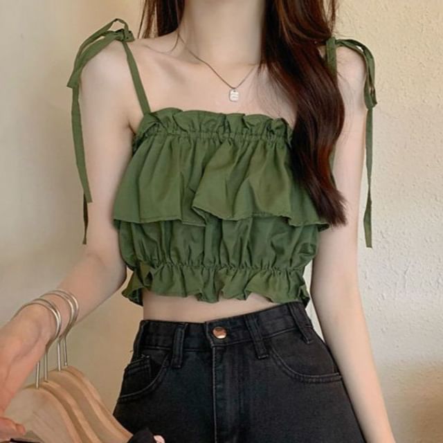 Sisyphi-Tie Shoulder Plain Ruffle Crop Cami Top