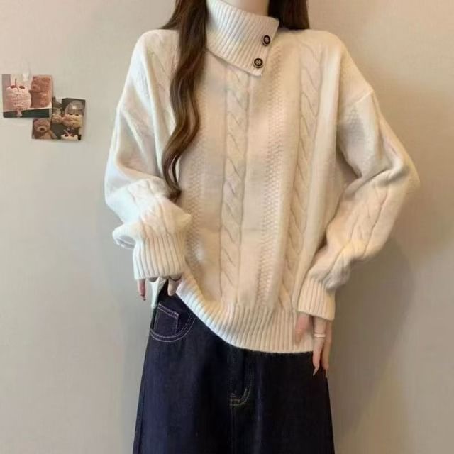 Sisyphi-Turtleneck Plain Cable Knit Sweater