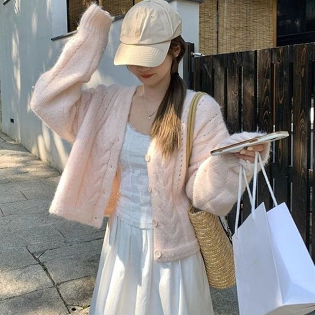 Sisyphi-V-Neck Perforated Button-Up Plain Cable Knit Cardigan