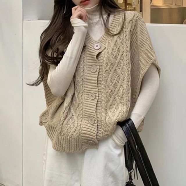 Sisyphi-V-Neck Plain Cable Knit Button Sweater Vest