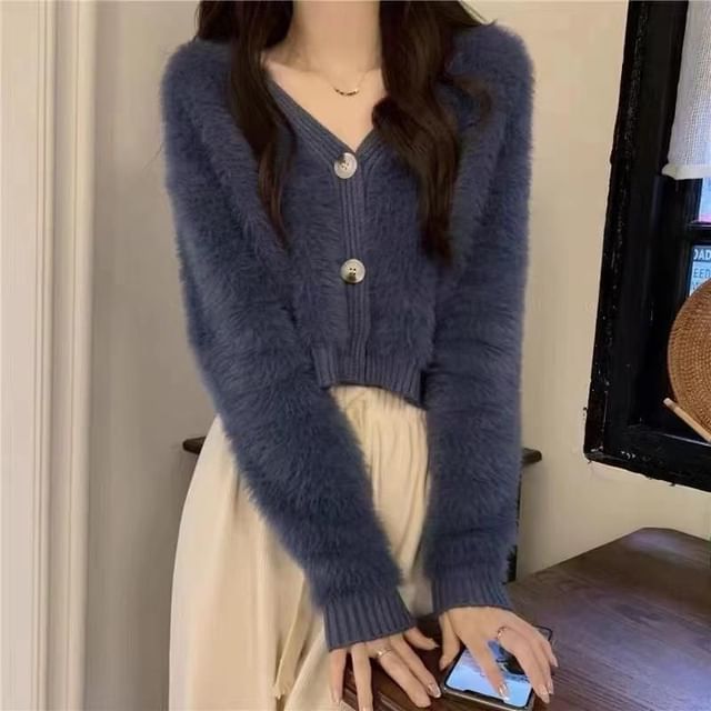 Sisyphi-V-Neck Plain Fluffy Button Up Cardigan