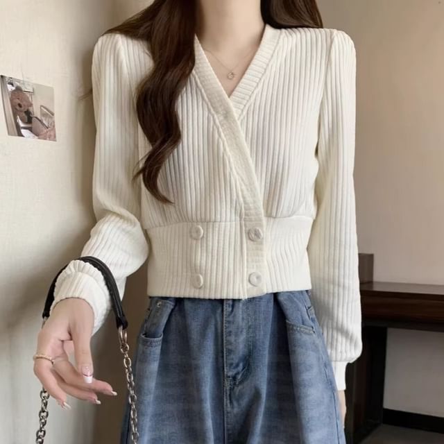 Sisyphi-V-Neck Plain Ribbed Knit Cardigan
