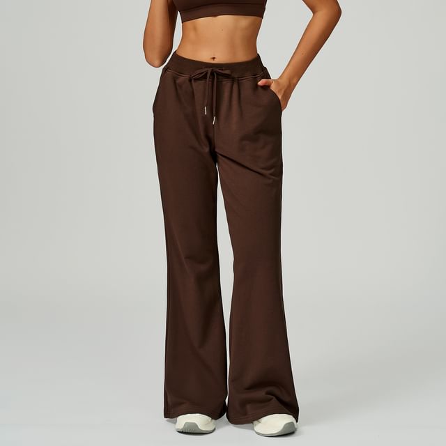Skinniano-Drawstring Waist Plain Flared Sweatpants