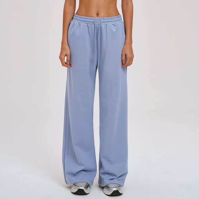 Skinniano-Drawstring Waist Plain Wide Leg Sweatpants