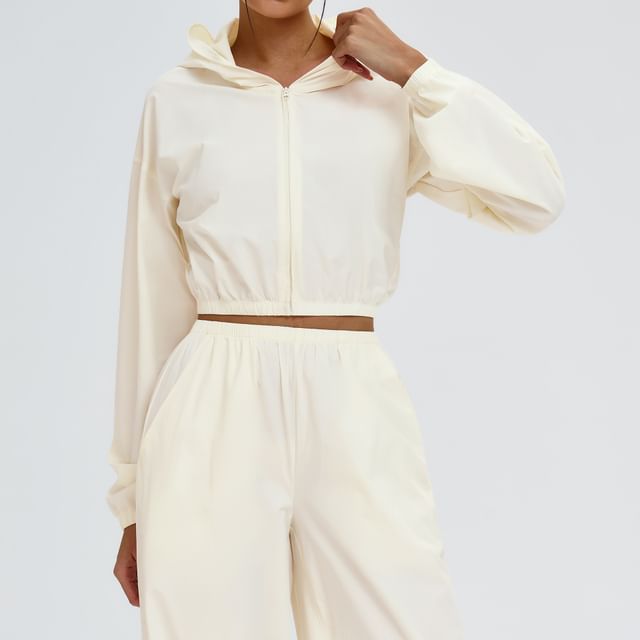 Skinniano-Hooded Zip-Up Plain Crop Jacket